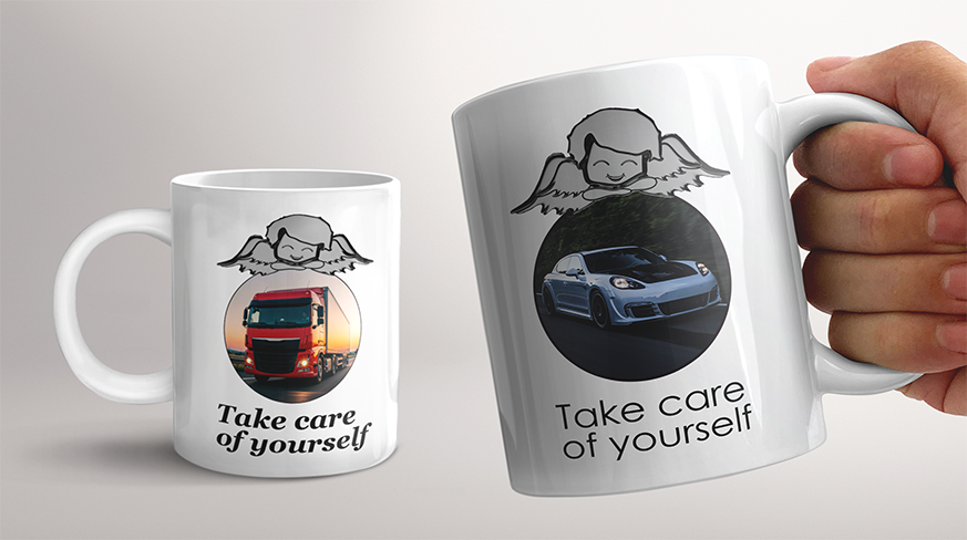 Two white mugs with angel graphics and vehicle (truck, car), each labeled “Take care of yourself.”