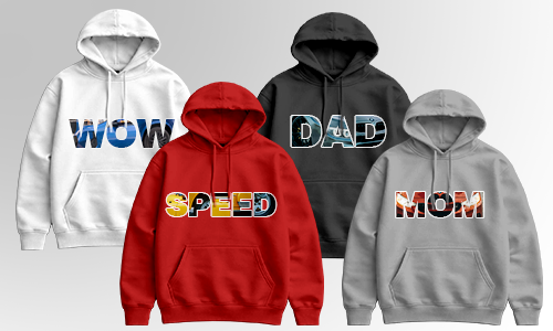 Fyra hoodies i halvcirkel: Vit WOW, Röd SPEED, Svart DAD, Grå MOM, färgglada texttryck på färgskiftande bakgrund