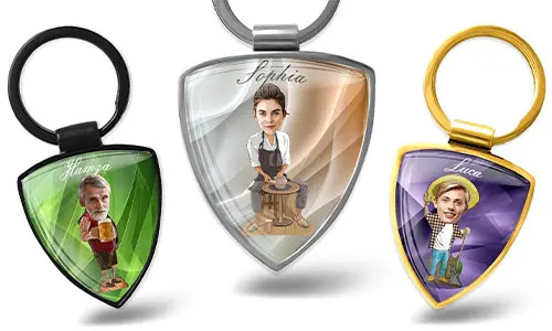 Anpassad nyckelring sköld - tecknad stil med din hobby eller yrke