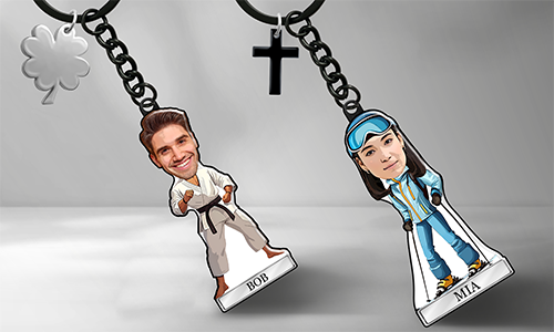 Individueller Schlüsselanhänger im Comic-Stil mit Namen und Sport-Hobby