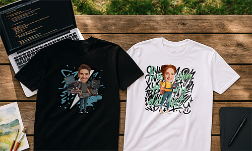 Zwei personalisierte T-Shirts im Cartoon-Stil mit Tech- und Studienmotiven, ausgelegt zwischen kreativem Zubehör und Reiseutensilien.