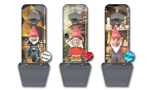 Abrebotellas de pared personalizado con gnomo de jardín y recogechapas