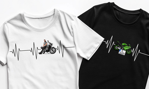 T-shirt personalizzata per un motociclista con foto della moto e targa