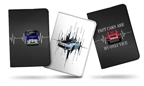 Three car-themed notebook covers side by side: blue-silver car with heartbeat, blue sports car with motion lines, red car with FAST CARS quote