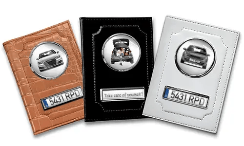 Standard car document holder with car/photo and license plate for yourself