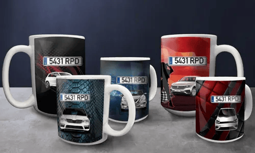 Three vehicle-themed mugs: green motorcycle with lightning and 