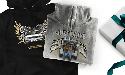 Hoodie with car motif for husband