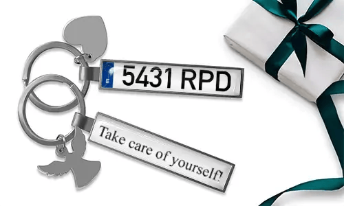 Personalized license plate keychain for son with heart charm and wing pendant