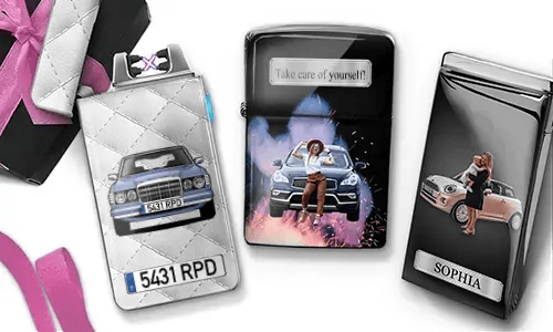 Stylish lighters featuring women posing with luxury cars. Text reads 
