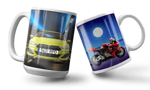 Two mugs are featured; the first shows a vibrant green car with headlights on, racing through a tunnel. The second displays a red motorcycle under a full moon.