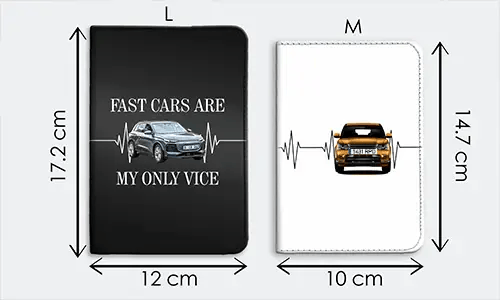 To notesbogscovere L og M: Sort 17,2x12 cm med bil og FAST CARS citat, Hvid 14,7x10 cm kun med bilgrafik
