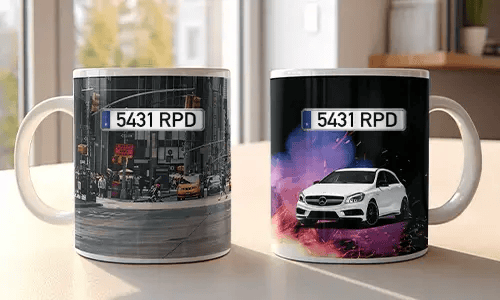 Two white mugs with car-themed prints: red BMW in urban setting, white Mercedes with sparks and colorful background
