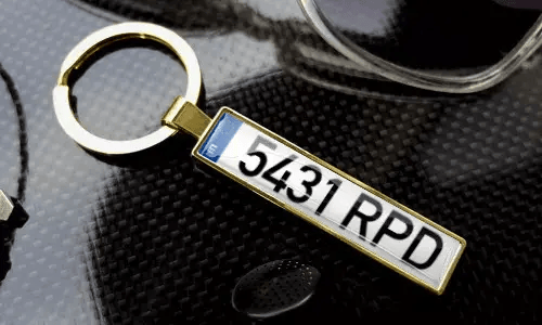 Gouden nummerplaat sleutelhanger toont gegraveerde tekst in een gepolijste metalen rand