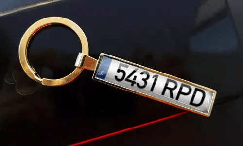 Porte-clés personnalisé en métal doré avec plaque d’immatriculation sur mesure