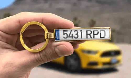 Custom gold keychain displays engraved license plate numbers