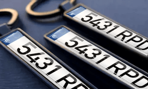 Gepersonaliseerde nummerplaat sleutelhangers met gegraveerde nummers en eigen tekst in metalen frames