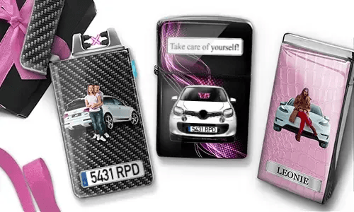Three lighters with car-themed designs, featuring images of cars and people, against black and pink backgrounds, exuding a stylish, modern vibe.