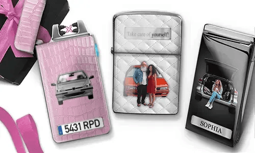 Two decorative electric lighters with car-themed family photos: pink with vintage white car and 
