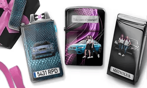 Three custom electronic lighters with car-themed photo prints: blue BMW with 