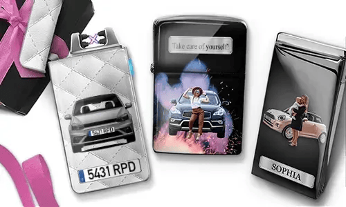 Stylish lighters featuring women posing with luxury cars. Text reads 