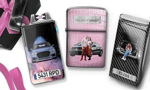 Three custom lighters with romantic car-themed designs: woman in trunk, couple in front of car, carbon-style car