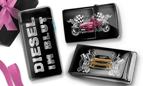 Plastic cases featuring automotive themes: one with 