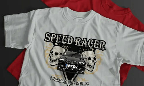 White T-shirt with SPEED RACER text, silver BMW graphic, two skulls, yellow ornaments, and black background