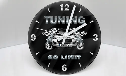 Wall clock with stylized car, checkered flags, and metallic TUNING NO LIMIT text on black background