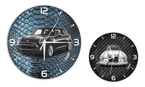 Two wall clocks with car illustrations: left with black car on blue reptile texture, right with blue car on carbon background