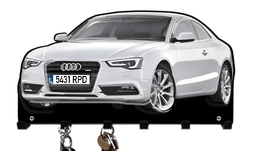 Wall-mounted key holder shaped like a white Audi car with hooks for organizing keys